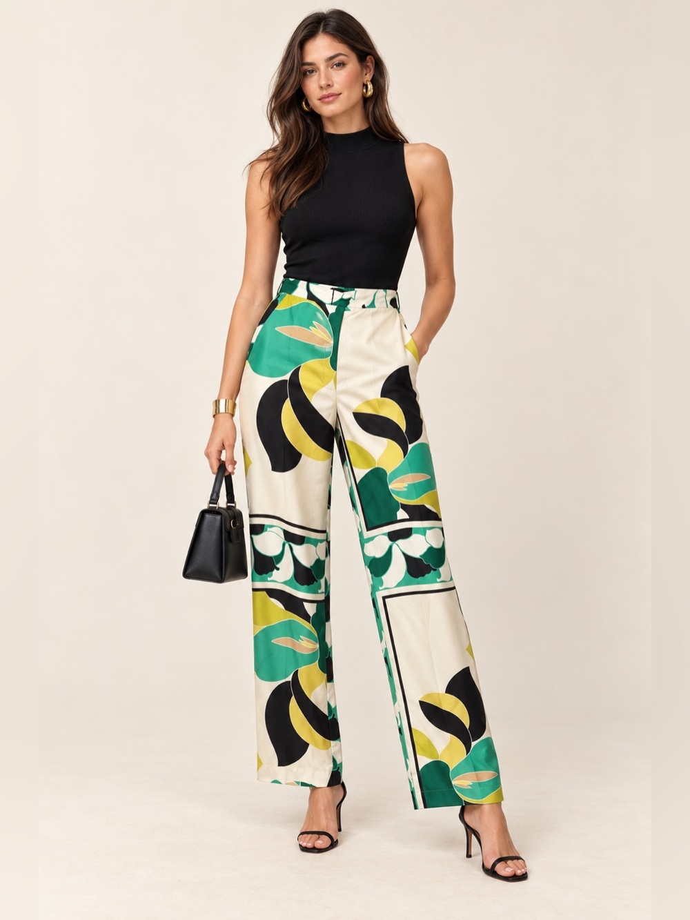 Zara Womens XS Abstract Floral Print High Waist Wide Leg Pants Green Yellow NWT
